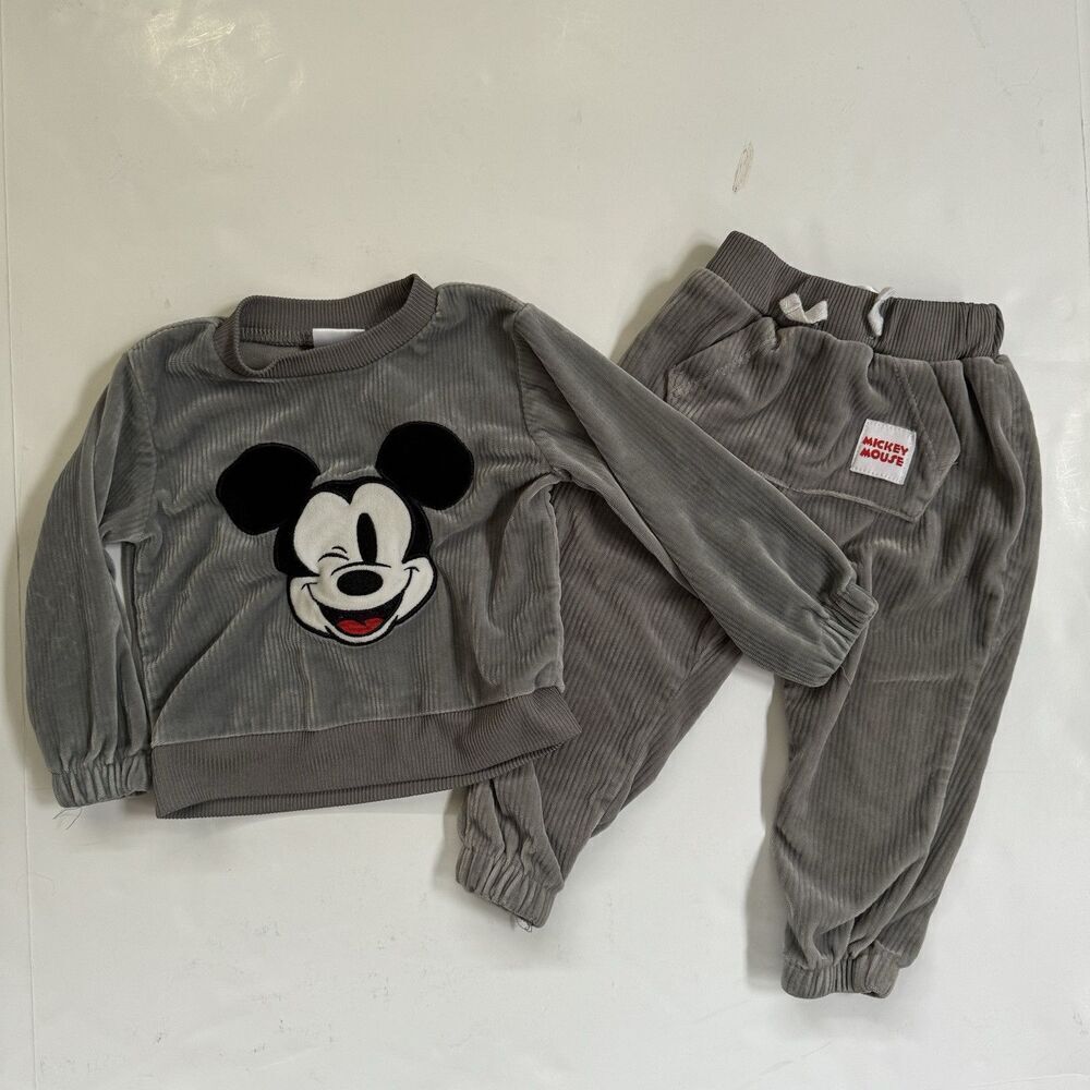 DISNEY Baby MICKEY MOUSE Grey Velour 2 Pc OUTFIT SET INFANT SIZE 12M